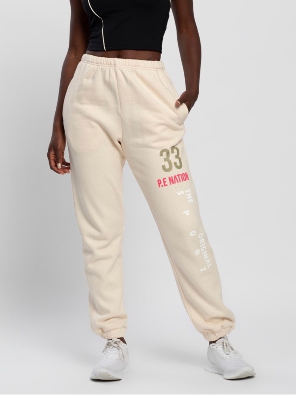 P.E Nation Organic Cotton Hemp Fleece Jogger Sweatpants Beige Cream Graphic